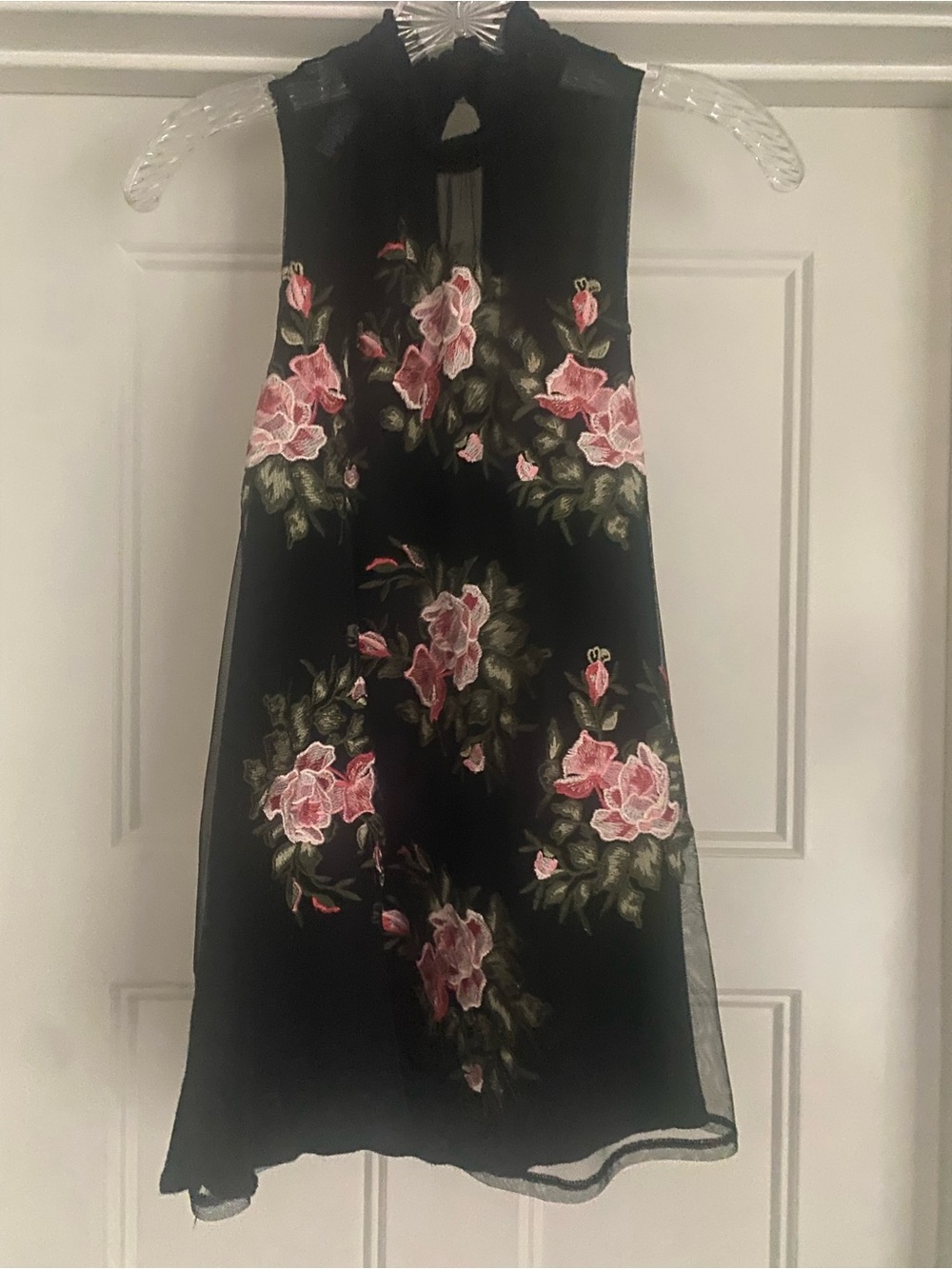 INC International Concepts Black Halter Top with Pink Floral Embroidery